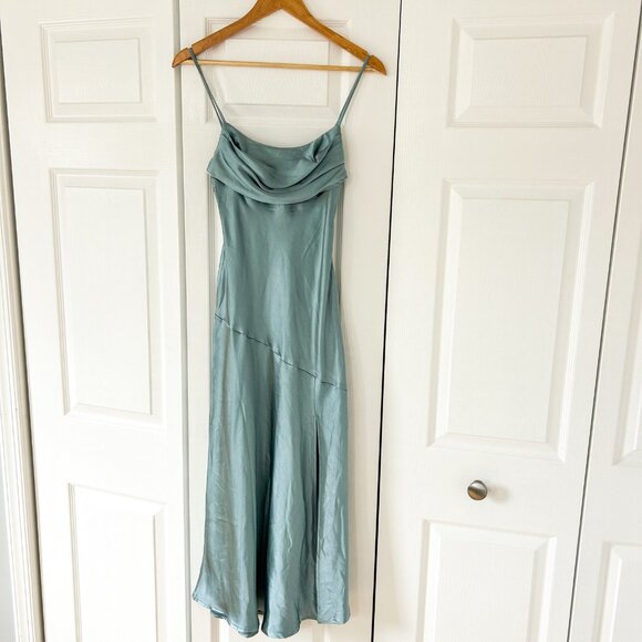 NWT Billy J Celina Steel Blue Satin Midi Dress Women’s AU 6 / US 2 Side Slit - Picture 2 of 12